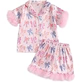Hekkomird Toddler Girl Summer Pajamas Set Bow Print Lapel Short Sleeve Button Down Shirt Elastic Shorts Kids Pjs Sleepwear