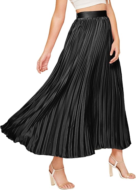 SheIn Women's High Waist Elegant Satin Street Skirt Skater Pleated Maxi