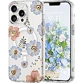 Pepmune Magnetic for iPhone 13 Pro Case Floral, Cute Luxury Clear Flower Cover for Women Girls Elegant Aesthetic Soft [Compatible with Magsafe] Protective Phone Case for iPhone 13 Pro, Blue Daisy