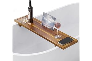 LotusSway Bathtub Tray, Acacia Bath Tray for Tub, 34.6''x9'' Wooden Bathtub Caddy Tray with Adjustable Legs Fit Various Bathtubs, Anti-Tipping, Sustainable Bath Table with Wine Glass and Tablet Holder