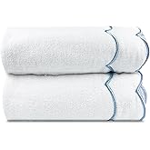 UHRMF 2 pcs Blue Scalloped Bath Towels Set Cute Embroidered Decorative Towels 100% Cotton Soft Towels Bathroom Decor(Blue, 2*Bath Towel)