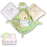 GIFTKA Newborn Baby Boy & Girl Gift Set for New Mom & Parents, Baby Shower Gift Basket with Soft Muslin Blanket, Teether and Pacifier Holder, Perfect Gender Reveal Gift-Ready Essentials, Green