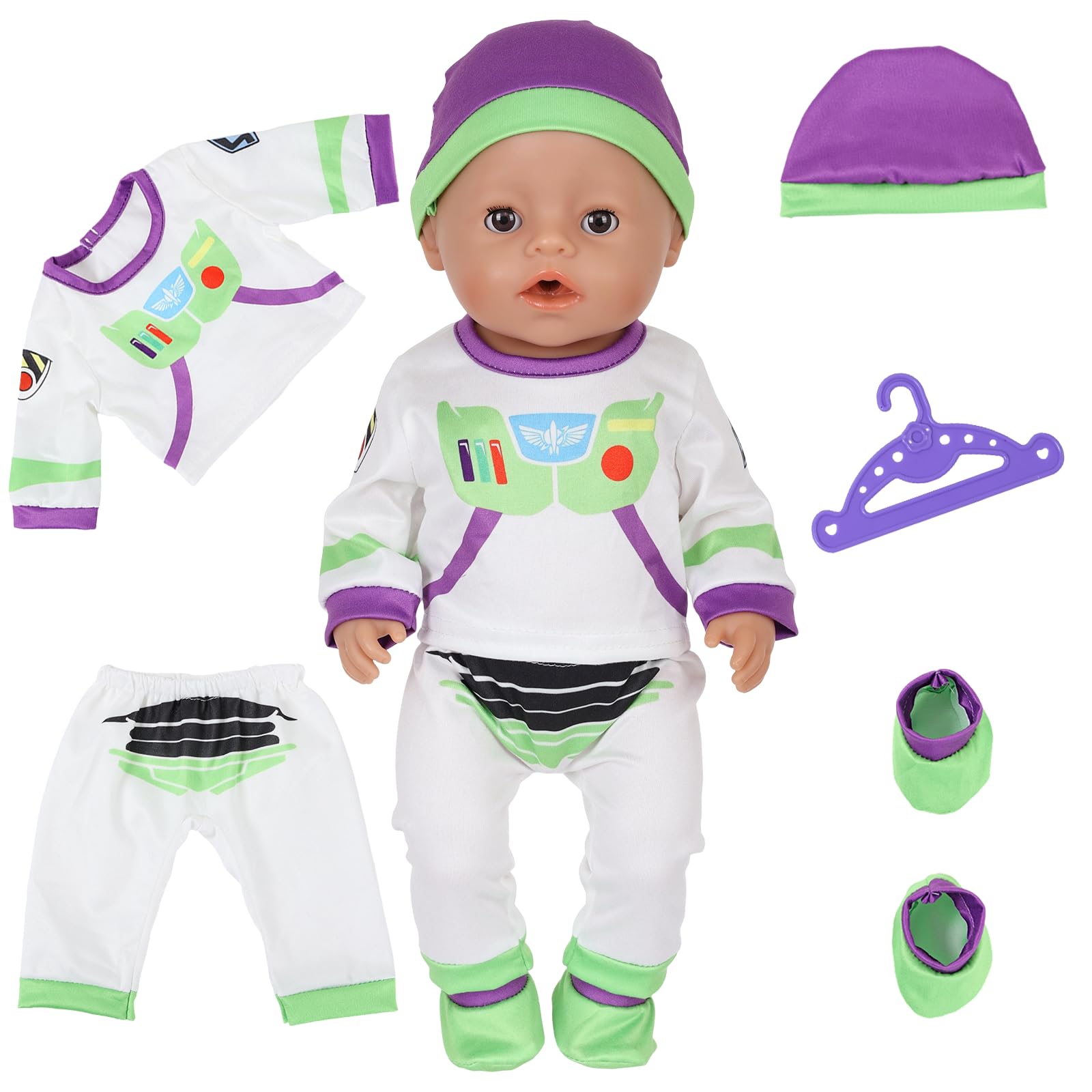 5Pcs Baby Doll Clothes for 14-18 Inch Doll 30-45cm Baby Doll, Space Character Theme Doll Accessories with Tops Pants Hats Socks Hangers Baby Doll Outfits for Girl's Birthday Gift