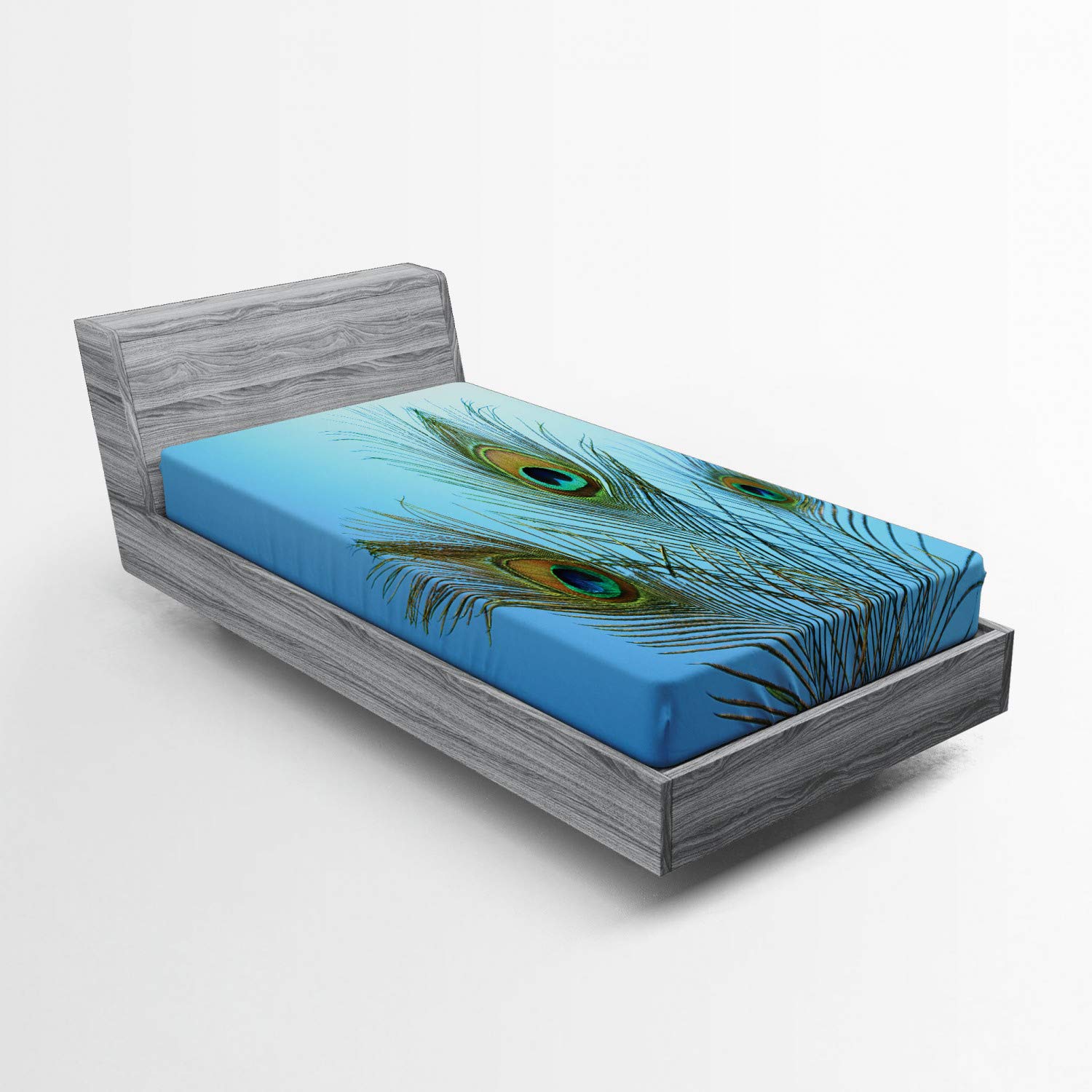 Lunarable Peacock Fitted Sheet, Fluffy Peacock Feathers Vivid Colors Similar to Mythical Phoenix Immortality Theme, Soft Decorative Fabric Bedding All-Round Elastic Pocket, Twin Size, Green Blue