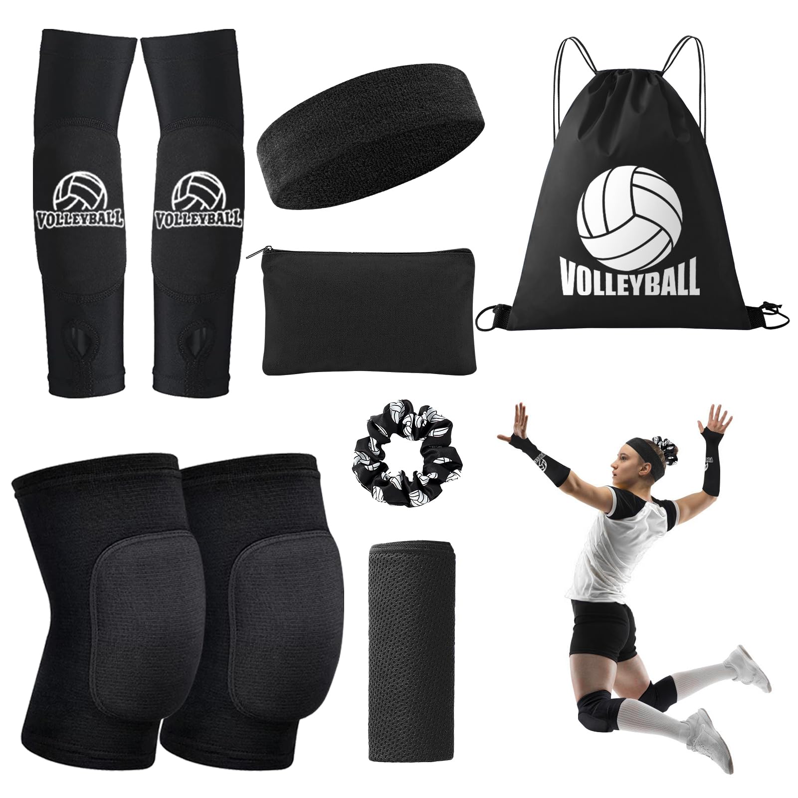 Photo 1 of Volleyball Knee Pads Volleyball Arm Sleeves, UMACWIN Volleyball Accessories Set with Knee Pads Arm Pads Sweatband Scrunchie Makeup Bag Cooling Towel and Drawstring Bag for Women Girls Youth