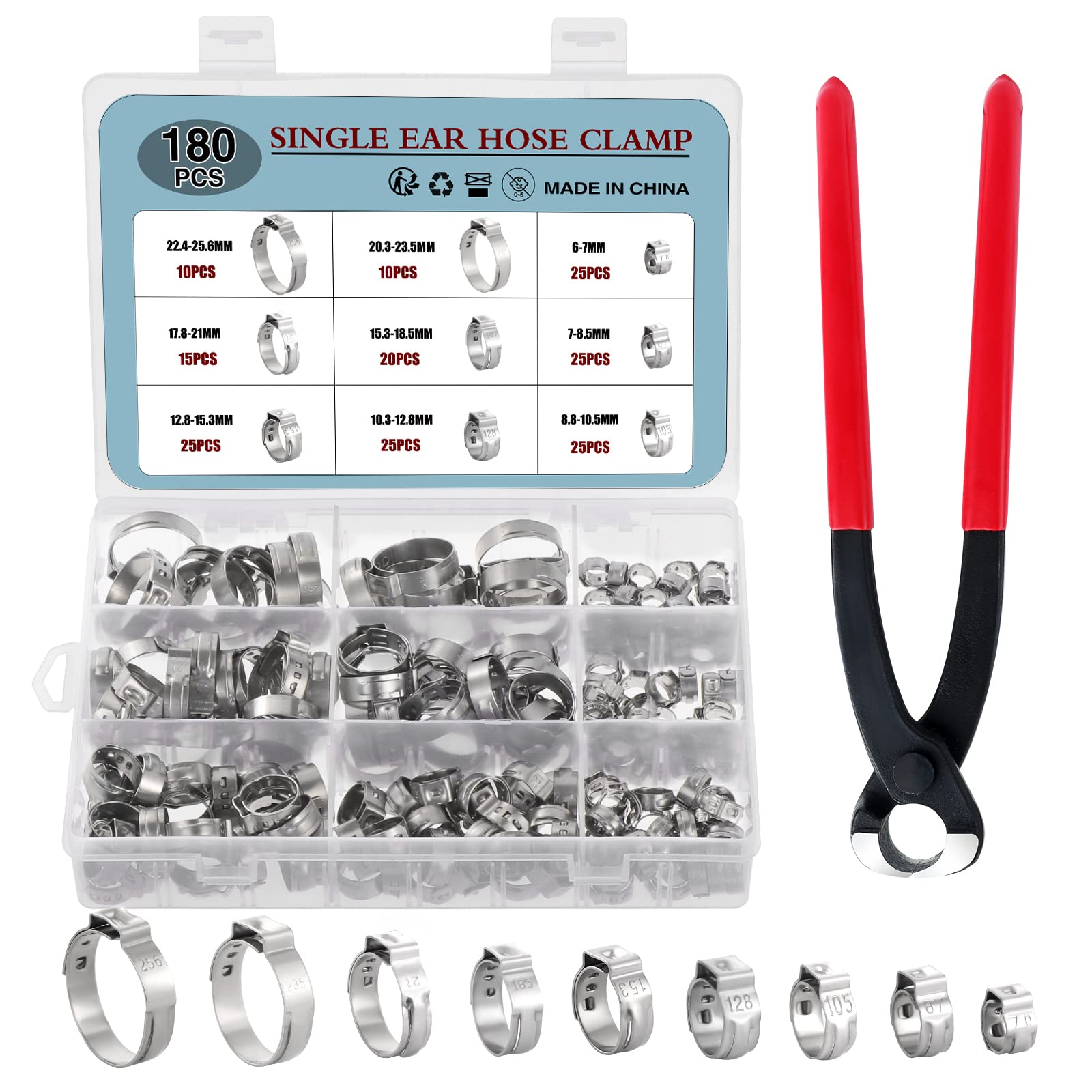 HSEAMALL 180PCS Stainless Steel Single Ear Hose Clamps with Pliers, 9 Sizes 6-25.6 mm Pipe Clamps Fuel Line Clip