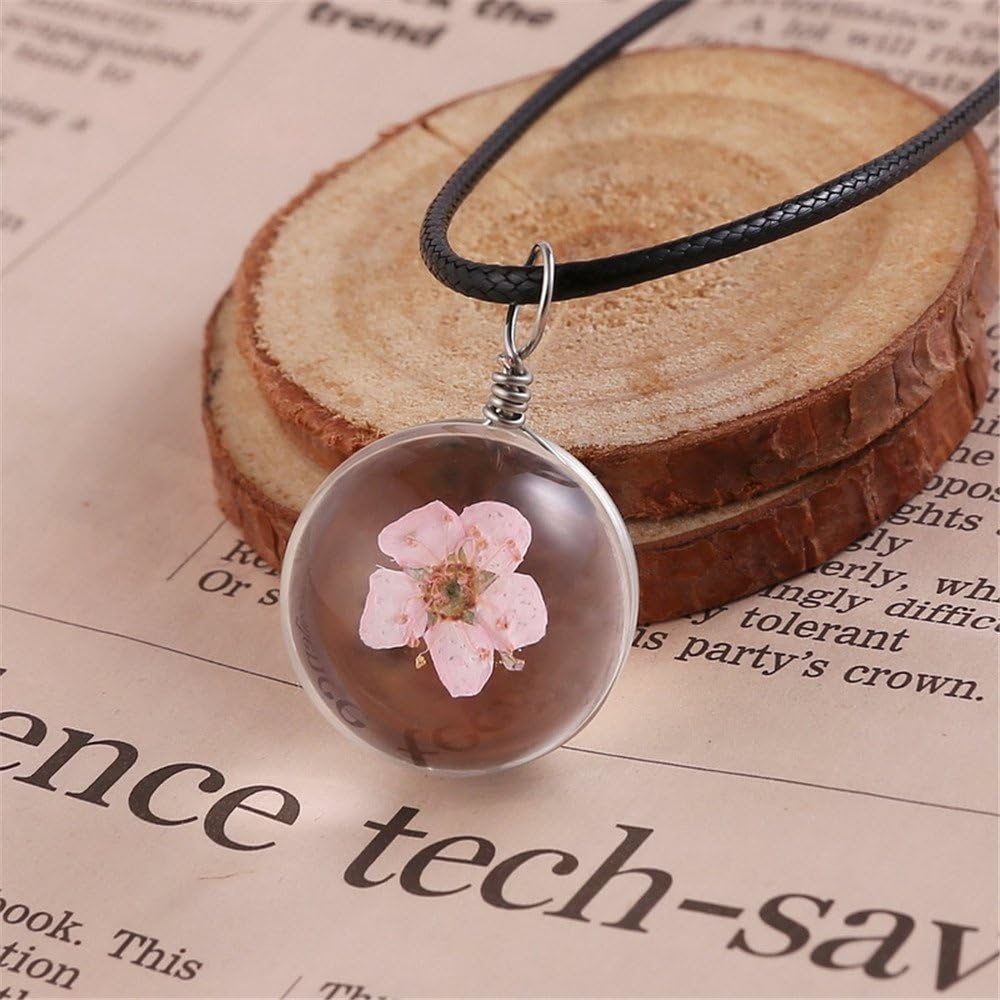 PMTIER Womens Dried Pressed Flower Pendant Peach Blossom in Glass Ball Necklace with Leather Chain - Image 4
