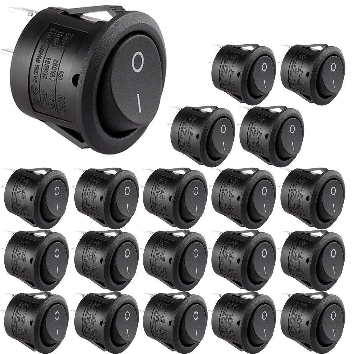 CLDIY 20 Pieces Round Environmental Protection Boat Rocker Switch AC 6A / 250V 10A / 125V 2 Solder Lug SPST On/Off 2 Pin Mini Boat Rocker Switch for Electrical Products