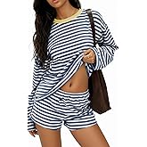 Opemiby Women 2 Piece Short Sets Outfit Casual Striped Long Sleeve Sweatshirt and Shorts Matching Lounge Set with Pocket