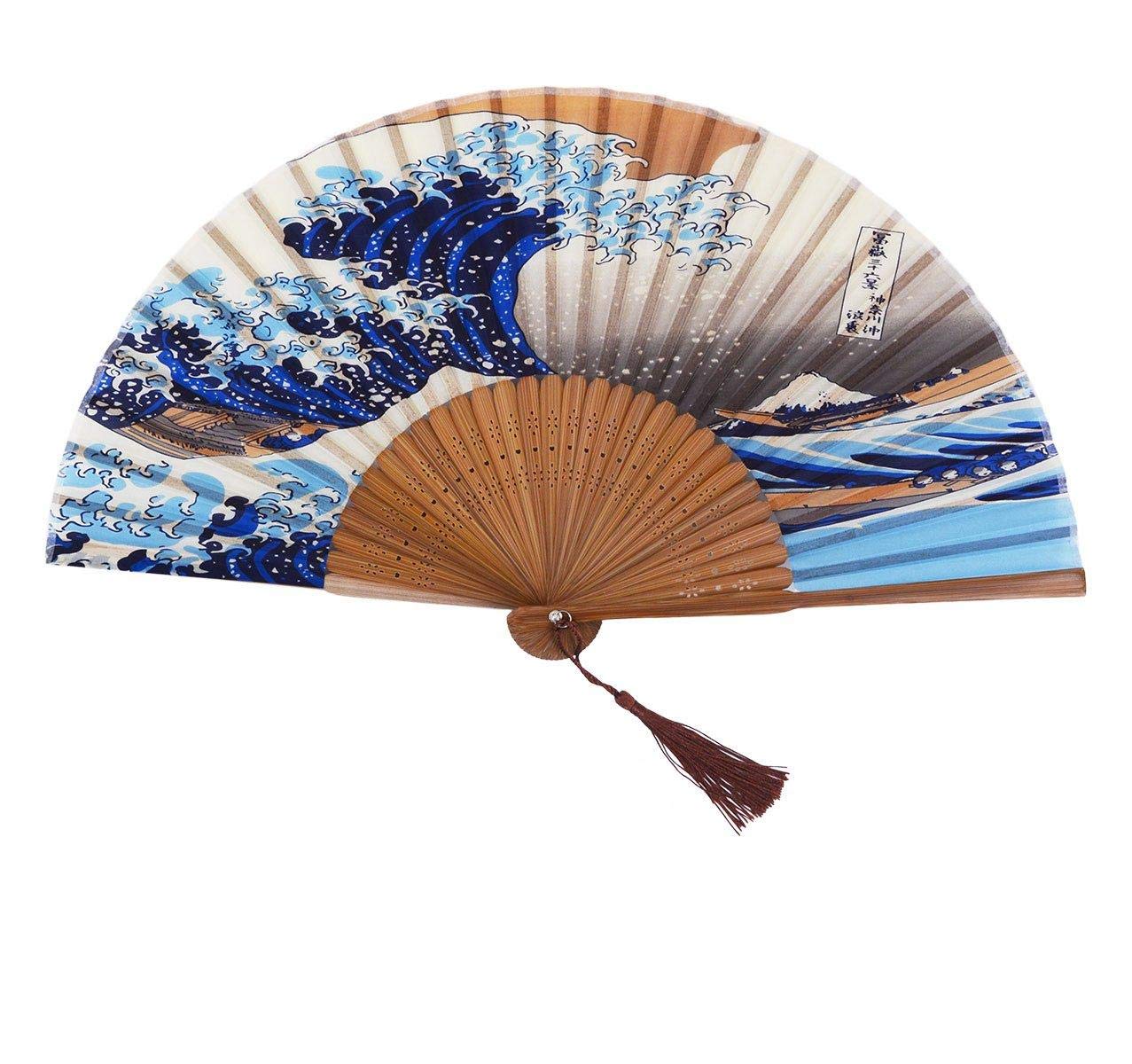1SourceTek Kanagawa Sea Waves Landscape Folding Hand Held Fan 8.27"(21cm) with Fabric Sleeve for Protection For Gifts and Wall Decoration - Japanese Retro Style