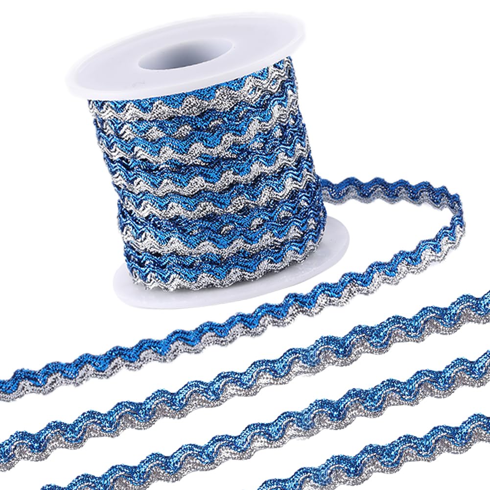 GORGECRAFT 15m x 5mm Rick Rack Trim Two-Color Wavy Ribbon Sparkle Bending Fringe Trim Blue Sliver Metallic Wire Braid Wave Edge Lace Woven Webbing Fringe for DIY Crafts Jewellery Making Gift Wrapping