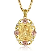 AENEAS Virgin Mary Necklace for Women Gold Plated Sterling Silver Our Lady of Guadalupe Pendant Rose Flower Miraculous Medal Jewelry Gift for Mom Wife