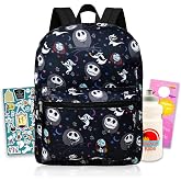 Nightmare Before Christmas Backpack for Kids Bundle w/ 16in Bookbag + More | Large Durable Jack Skellington School Bag w/ Front Zip Pocket Plus Water Bottle, Stickers, More - NBC School Supplies