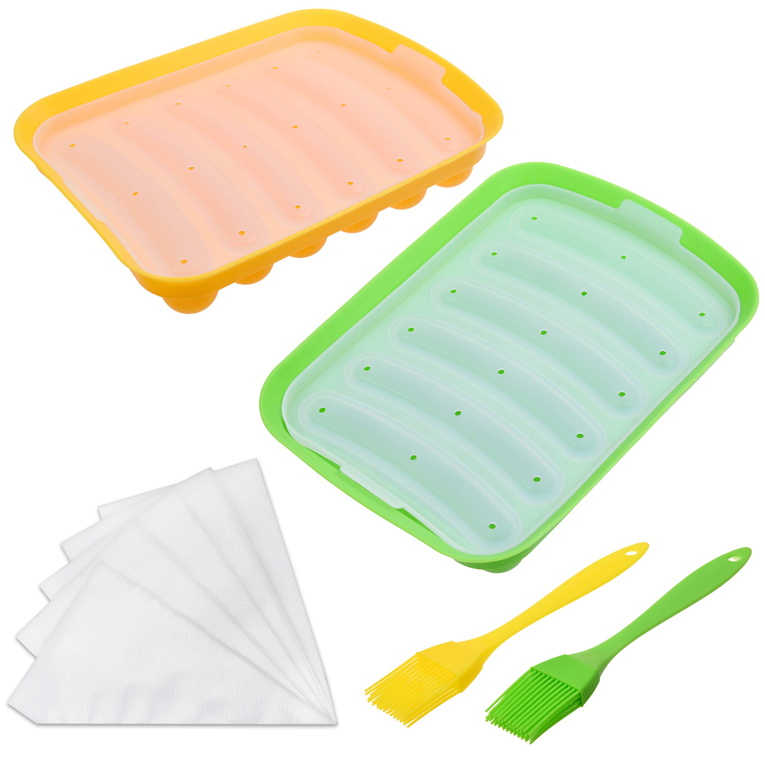 Kare & Kind 2X Silicone Sausage Molds - Non-Stick Flexible Hotdog Maker - 6-Cavity Baking Cooking Steaming Container - DIY Homemade Sausages - Includes 2X Silicone Mini Brushes and 20x Pastry Bags