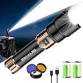 SKYFIRE Rechargeable Flashlights High Lumens with Ignition Lens&White Yellow Blue Light,10000mAh LED Super Bright Flashlight,Zoomable,4 Modes,Waterproof Tactical Flash Light for Outdoor,Home &Gift