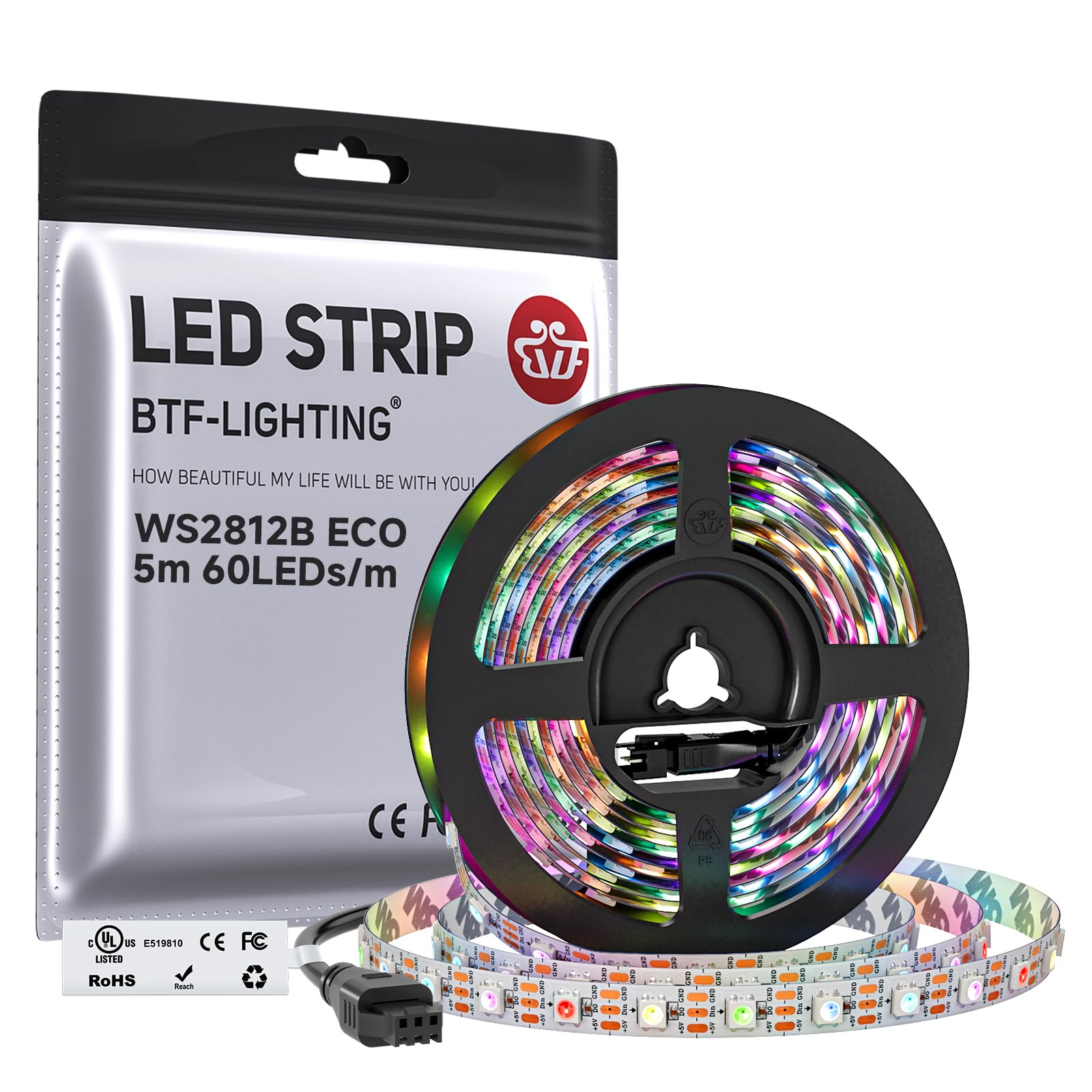 BTF-LIGHTING WS2812E ECO RGB Alloy Wires 5050SMD Individual Addressable 16.4FT 60Pixels/m 300Pixels Flexible White PCB Full Color LED Pixel Strip Dream Color IP30 Non-Waterproof DIY Projects Only DC5V