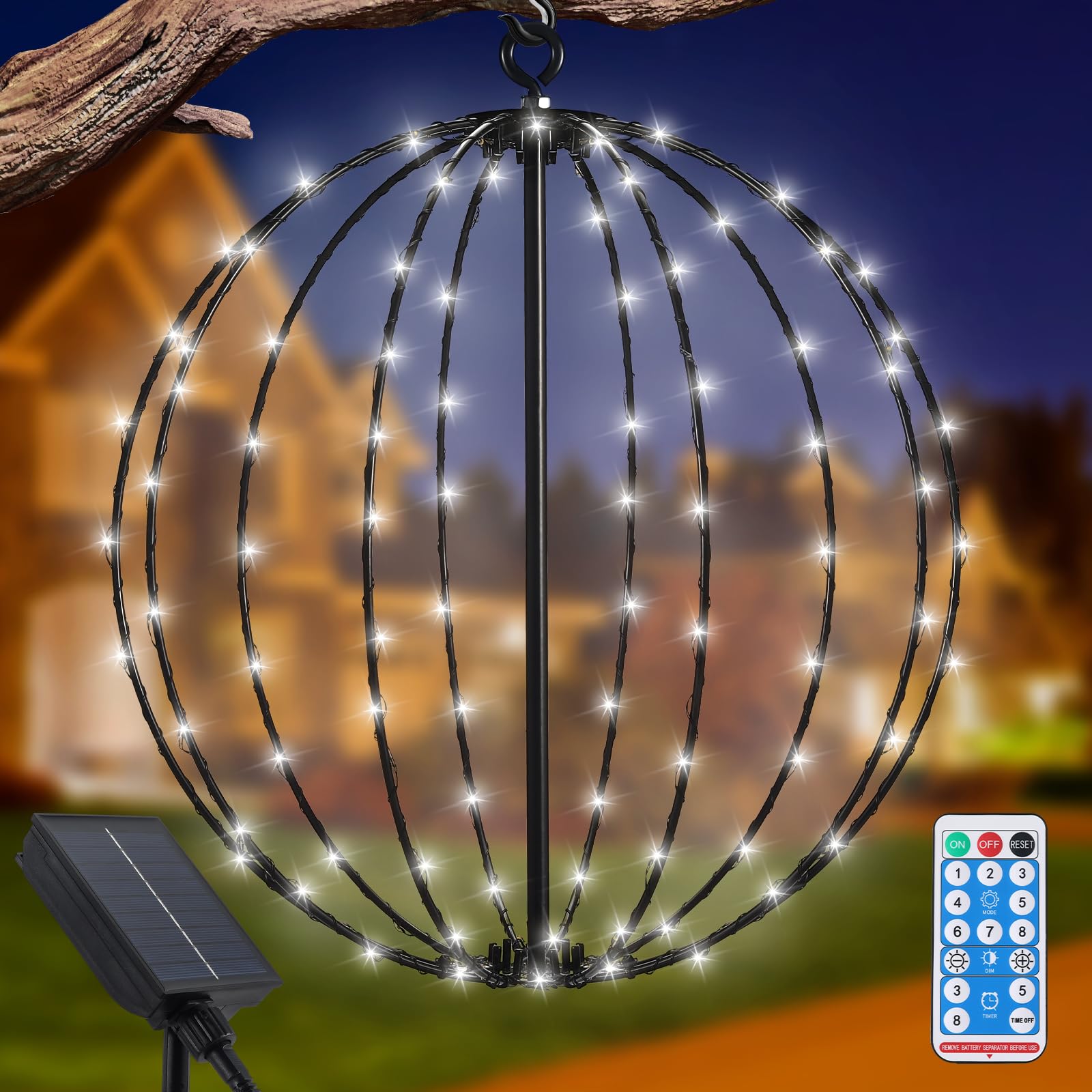 Solar Hanging Lanterns, 120 LED Waterproof Metal Outdoor Garden Lights, 11.8inch Large Solar Globe Lights for Patio Deck Yard