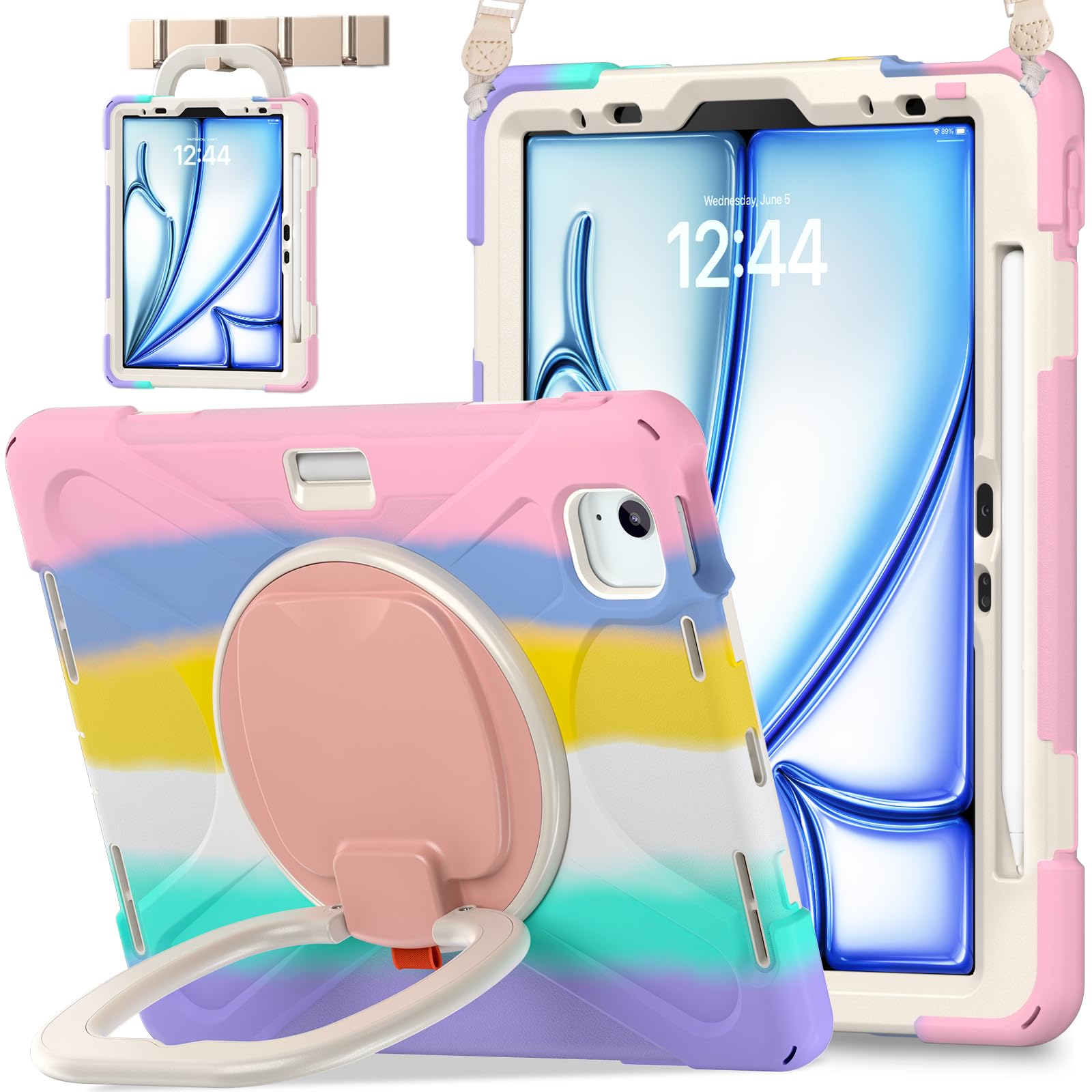 Photo 1 of BATYUE Case for iPad Air 11-inch M3 (2025) / M2 (2024), iPad Air 5th/4th 10.9 inch(2022/2020), iPad Pro 11" 4th/3rd/2nd/1st, Kids Cover with 360° Rotating Stand, Pencil Holder, Carrying Strap, Pink