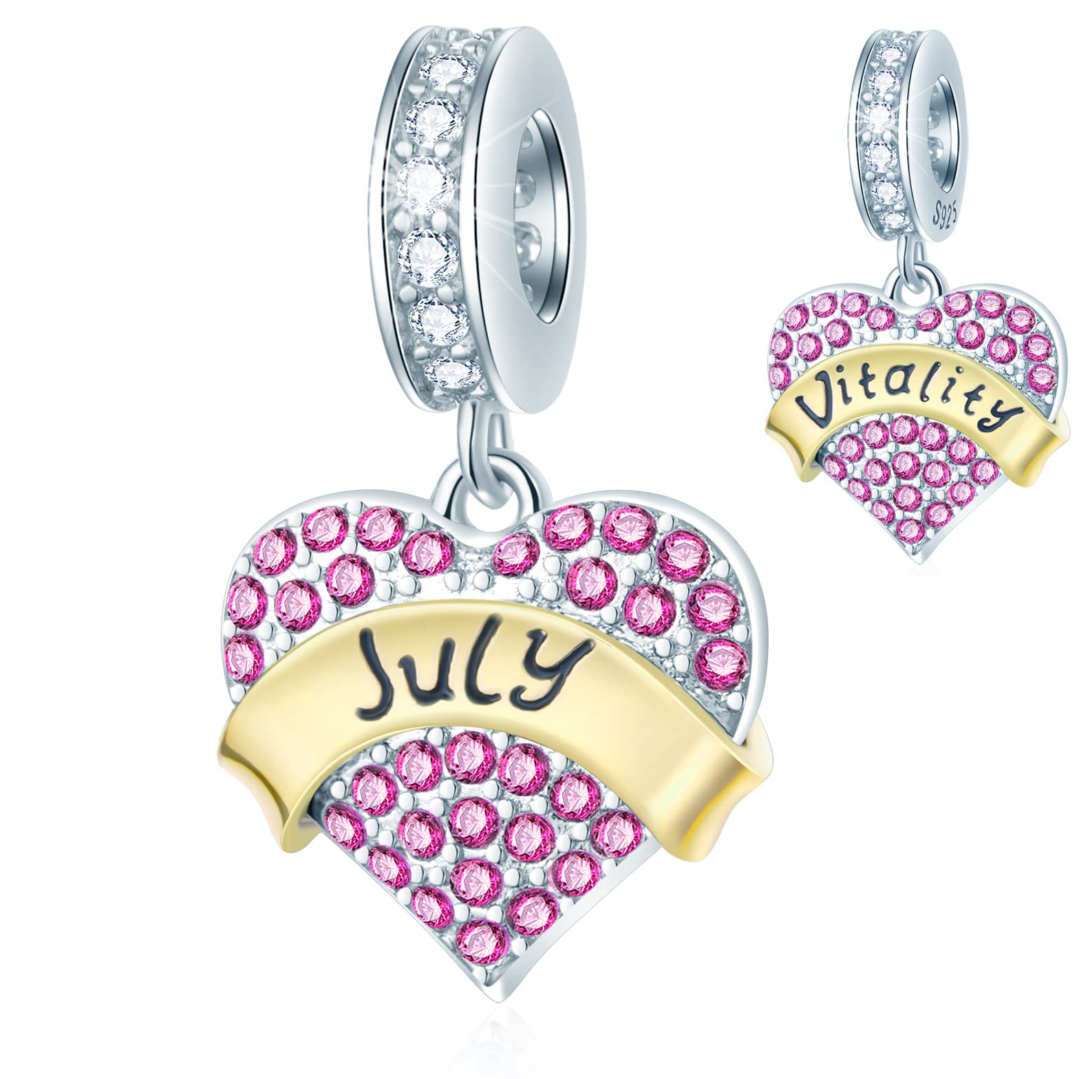 July Birthstone is Vitality Heart Charms, fits Pandora Birthday Bracelet, Ruby Red Jade CZ Pendant 925 Sterling Silver Birth Stone Beads, Gift for 4th of July US Independece Day