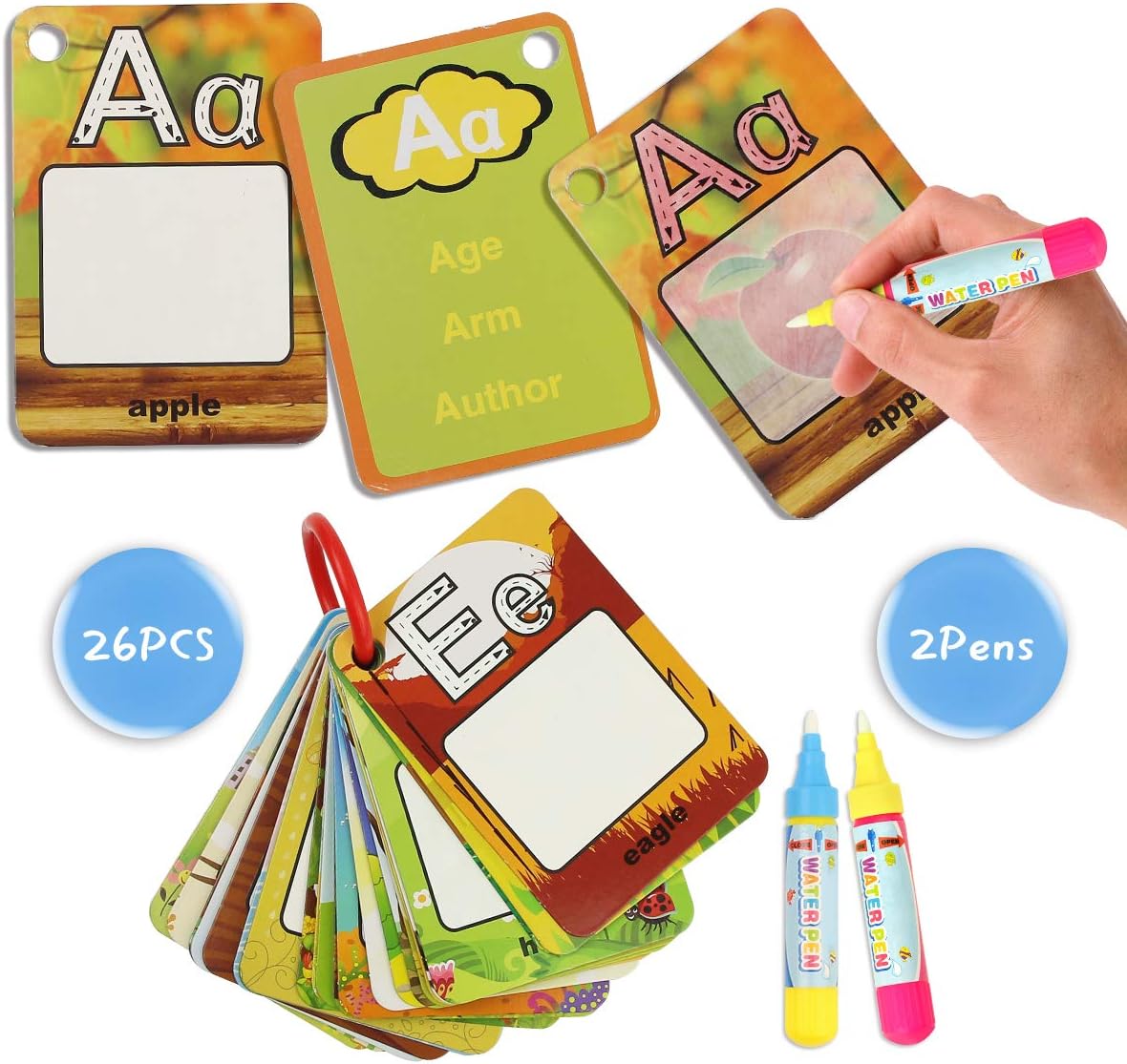 Jenilily Water Drawing Cards, Water Painting Graffiti Book Card, 26 Letters Baby Early Education Cognitive Card, ABC Alphabet Word Coloring Doodle Board + 2 Water Pens Toy for Toddlers Kids, Gift Box