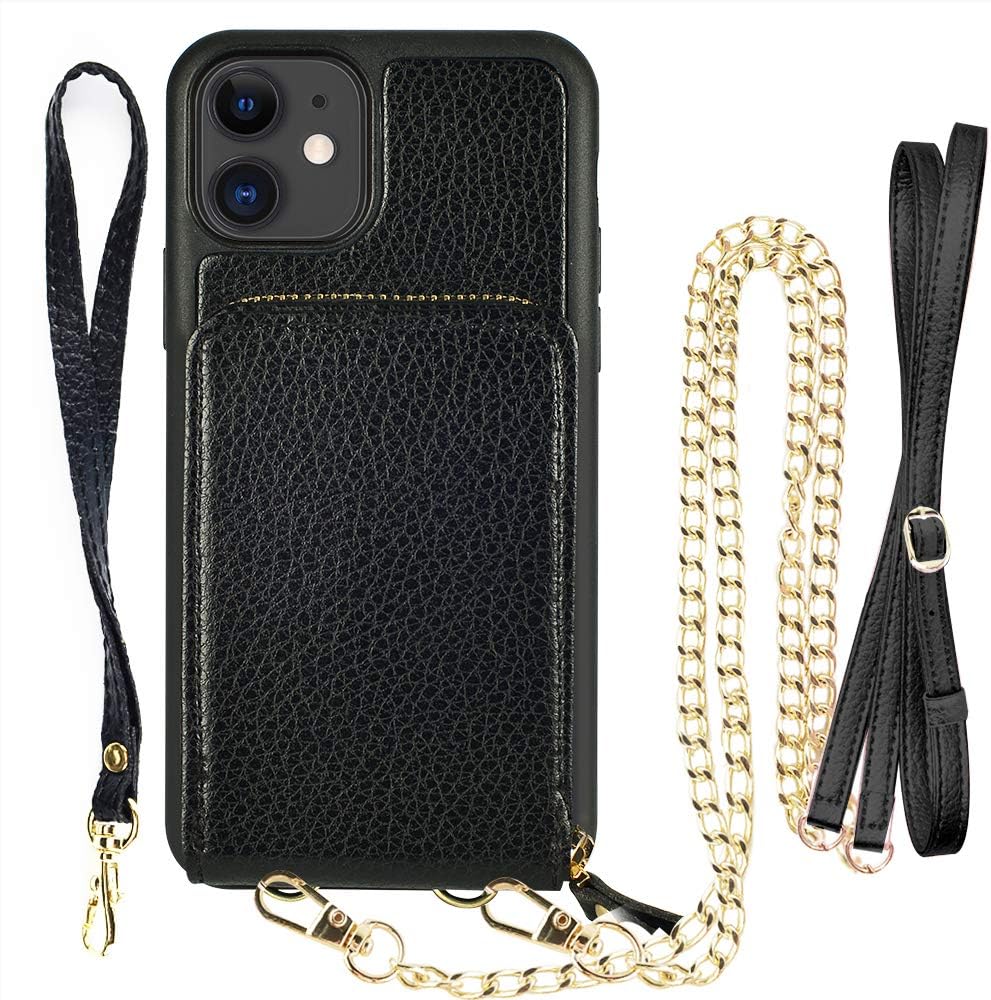 iPhone 11 Wallet Case, JLFCH iPhone 11 Crossbody Case with Zipper Credit Card Slot Holder Wrist Strap Lanyard Protective Cover Women Girl Purse for Apple iPhone 11, 6.1 inch - Black