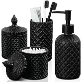 RYTOXILO Matte Black Bathroom Accessories Set, 4 Pack Black Bath Accessory Sets Complete, Diamond Glass Soap Dispenser and Toothbrush Holder Set for Countertop, Gothic Decor Organizer Essentials