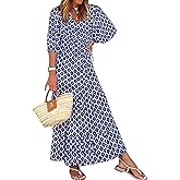 miduo Womens Loose Fit Casual Summer V Neck Half Sleeve Bohemian Geometric Pattern Maxi Long Dresses