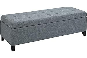 HOMCOM Large 50" Rectangular Storage Ottoman Bench, Tufted Upholstered Linen Fabric Wood Feet Entry Bench, Contemporary Home 