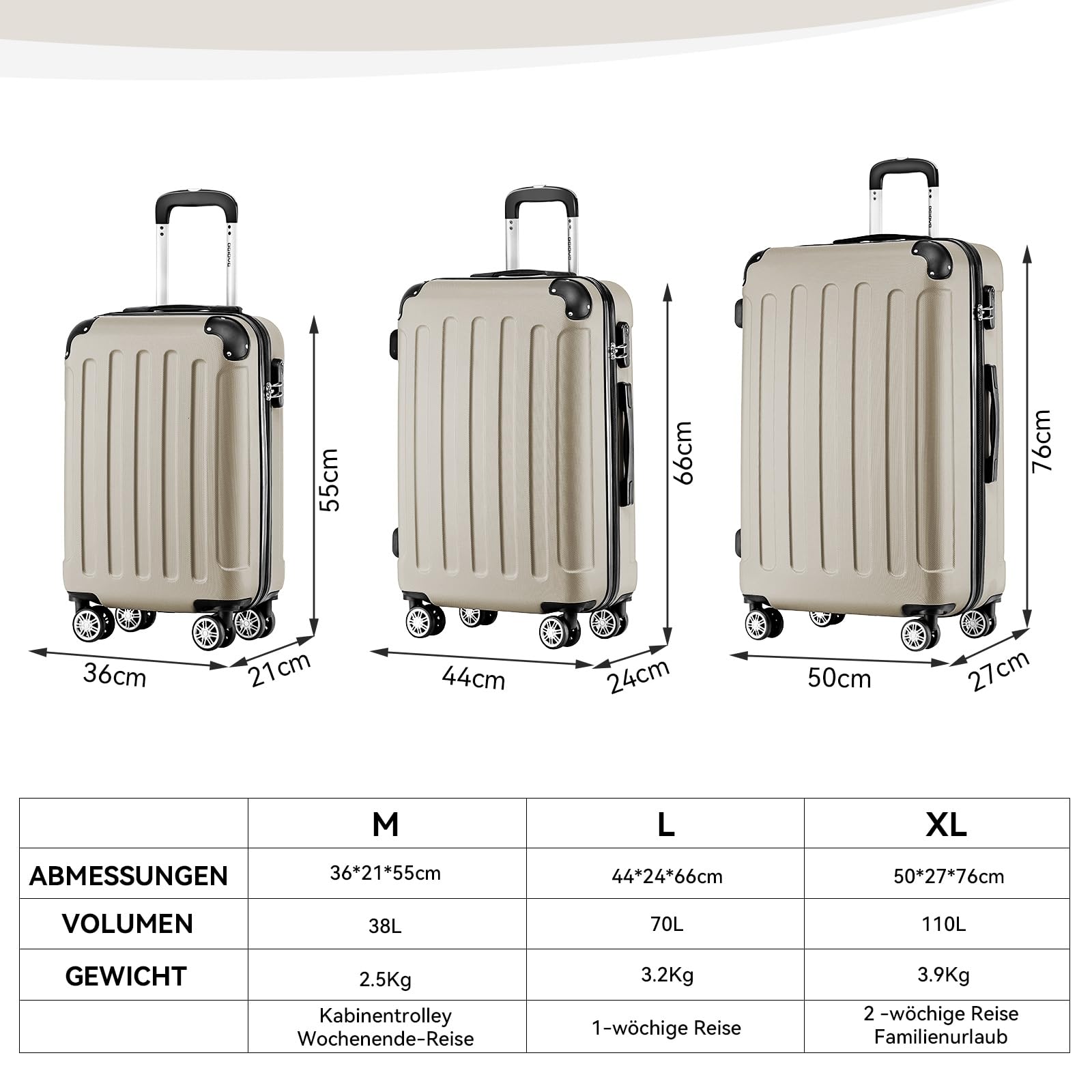 BEIBYE Zwillingsrollen Hardcase Reisekoffer Koffer Trolleys Hartschale in XL-L-M in 14 Farben (Champagner, Handgepäck (55cm)) 7