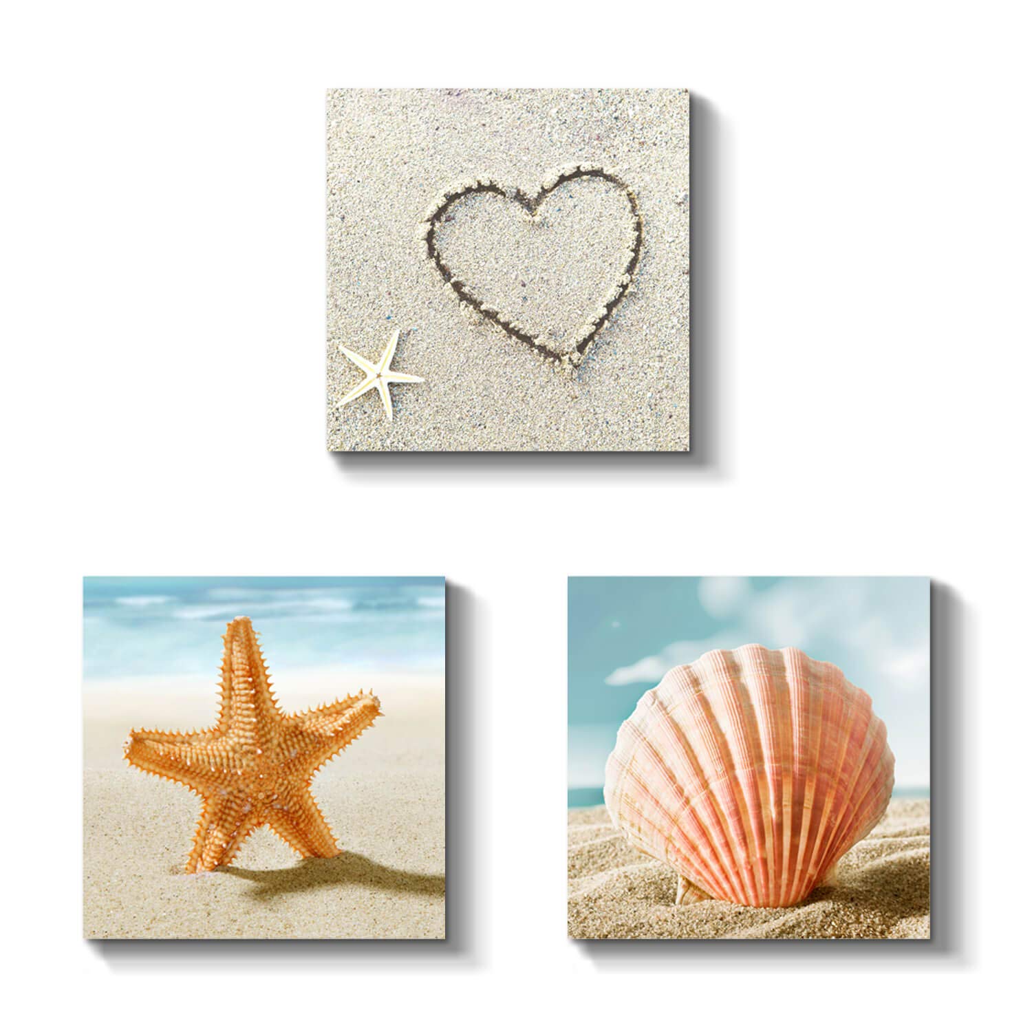 Seaside Beach Pictures Wall Art: Starfish Seashell Painting Artwork Seascape Prints on Canvas for Wall (12'' x 12'' x 3 PCS, Multiple Style)