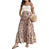 MakeMeChic Women's Maternity Skirt Floral High Waist Elastic Ruffle Flowy Long Skirt Maxi Boho Skirts
