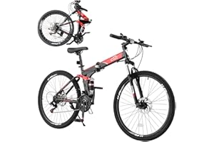 CamPingSurvivals 24/26/27.5 Inch Foldable Bikes for Adults 21 Speed Mountain Bike, Adult Bicycle with High Carbon Steel Frame, Full Suspension, Dual Disc Brake & Adjustable Ergonomic Seat(Black/Red)