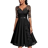 MISSMAY Women's V-Neck Floral Lace Elegant Style Half Sleeve Bridesmaid Party Dress