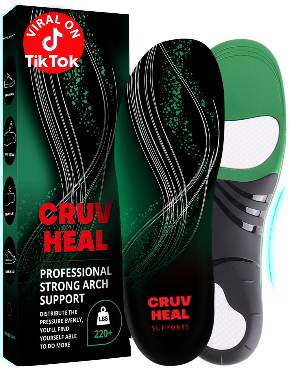 View 1 of 220+ lbs Plantar Fasciitis High Arch Support Insoles Men Women - Orthotic Shoe Inserts - Boot Work Shoe Insole (S, Green)