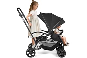 BABY JOY Sit and Stand Stroller, Foldable Double Stroller with Standing Platform, Adjustable Handlebar/Canopy/Backrest/Footrest, Safety Harness & Storage Basket for Infant and Toddler (Black)