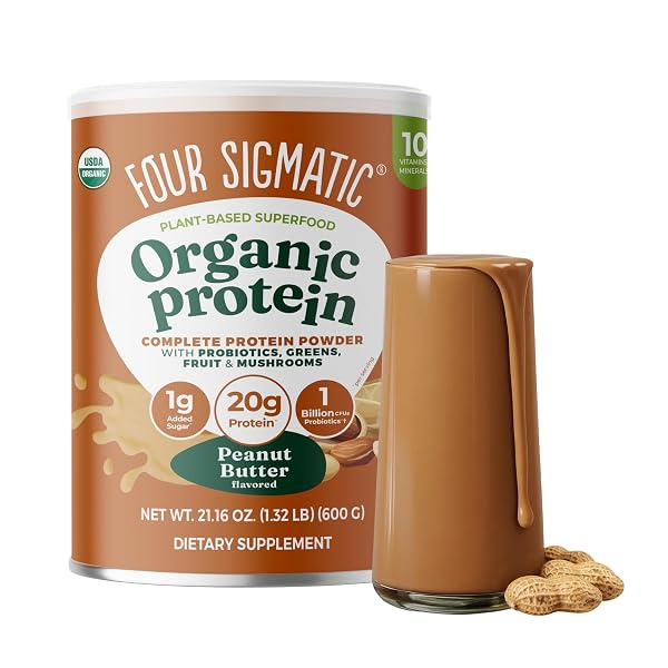 FOUR SIGMATIC ORGANIC PLANT-BASED PROTEIN POWDER | CLEAN VEGAN PROTEIN ELEVATED WITH LION’S MANE, CHAGA, CORDYCEPS AND MORE FOR BRAIN FUNCTION AND IMMUNE SUPPORT | PEANUT BUTTER, 21.16 OZ