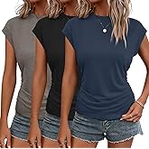 Bliwov 3Pack Womens Summer Cap Sleeve Tops Business Casual Crewneck Ruched T Shirts Trendy Outfits Beach Vacation Clothes