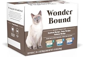 Amazon Brand - Wonder Bound Wet Cat Food, Gravy, Variety Pack (Seafood, Tuna, Salmon), 3 Ounce (Pack of 24)