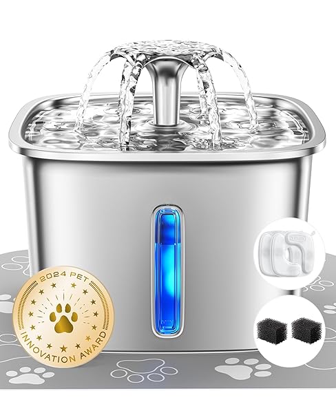 VEKEN INNOVATION AWARD WINNER STAINLESS STEEL CAT WATER FOUNTAIN, 95OZ/2.8L AUTOMATIC PET FOUNTAIN DOG WATER DISPENSER WITH REPLACEMENT FILTERS & SILICONE MAT, GIFTS FOR CATS, DOGS (SILVER)