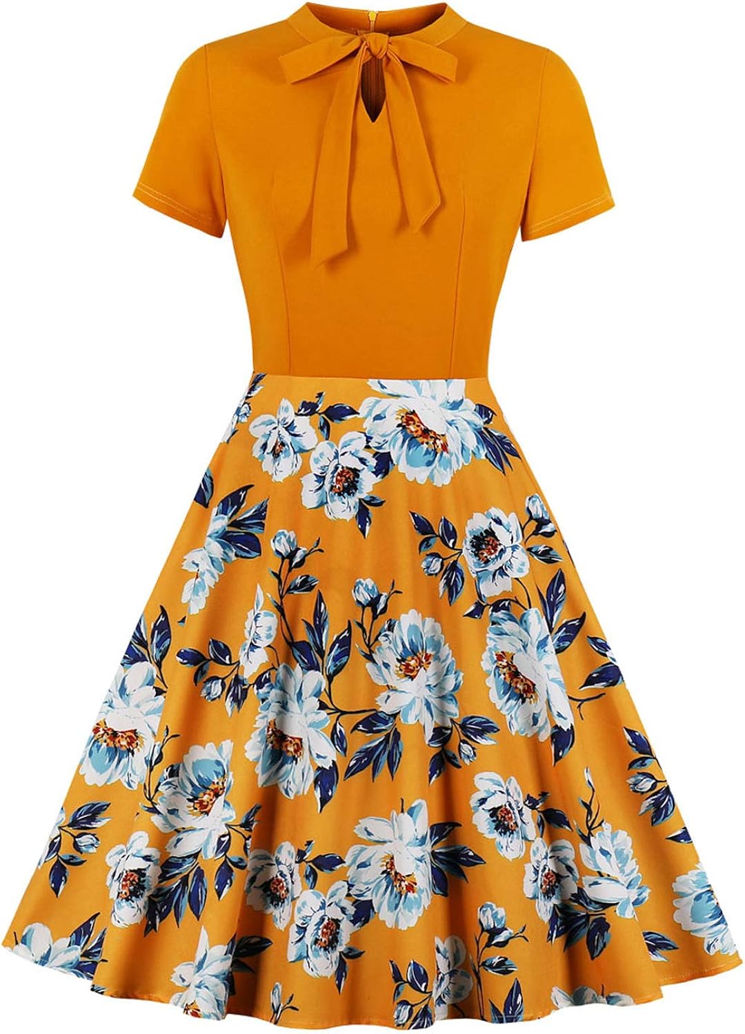 KILLREAL Women's Elegant Vintage Floral Print Patchwork Short Sleeve A-line Swing Cocktail Dress 