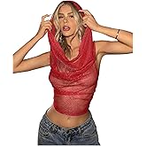 GORGLITTER Women's Rave Festival Concert Outfits Y2k Mesh Sparkly Crop Top Sexy Going Out Backless Hoodie