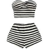 Verdusa Women's 2 Piece Striped Outfits Twist Knot Crop Tube Top and Shorts Clothing Sets