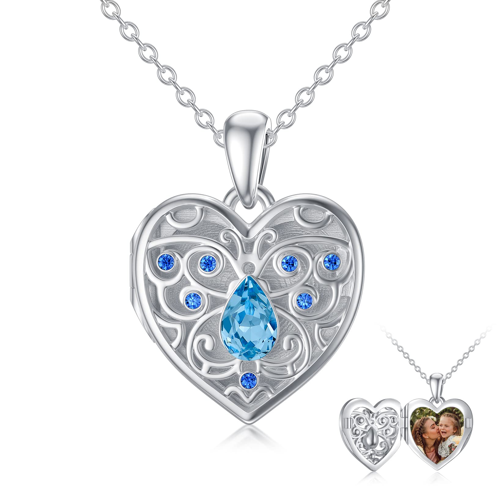 Flpruy Heart Locket Necklace 925 Sterling Silver Butterfly Locket Necklace That Holds Pictures Memory Pendant with Blue Crystal Gifts for Women Mom Daughter