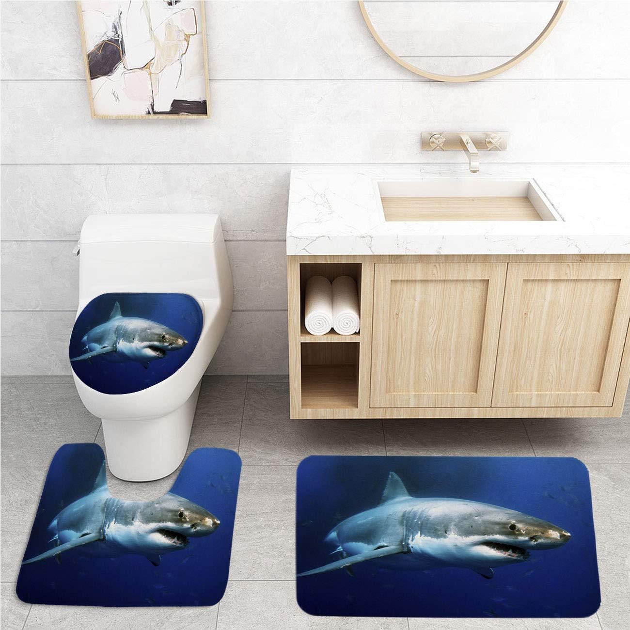 Shark Bathroom Rug Set,Non-Slip Bath Rugs,Toilet Pad 3-Pack,Great White Shark,Home Rugs Soft Washable Floor Rug for Tub Shower,16x24 in