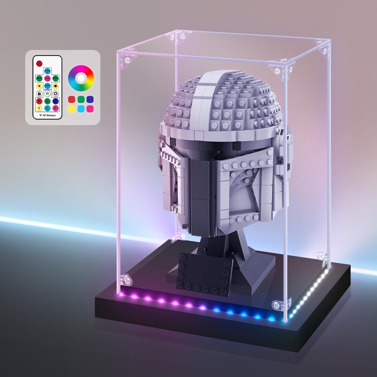 Photo 1 of LASOA Acrylic Display Case with RGBW Color Changing LED Light, Clear Display Box for Memoribilia Action Figures, Self-Assembly Dustproof Showcase with Black Base, 7.9x7.9x9.8inch