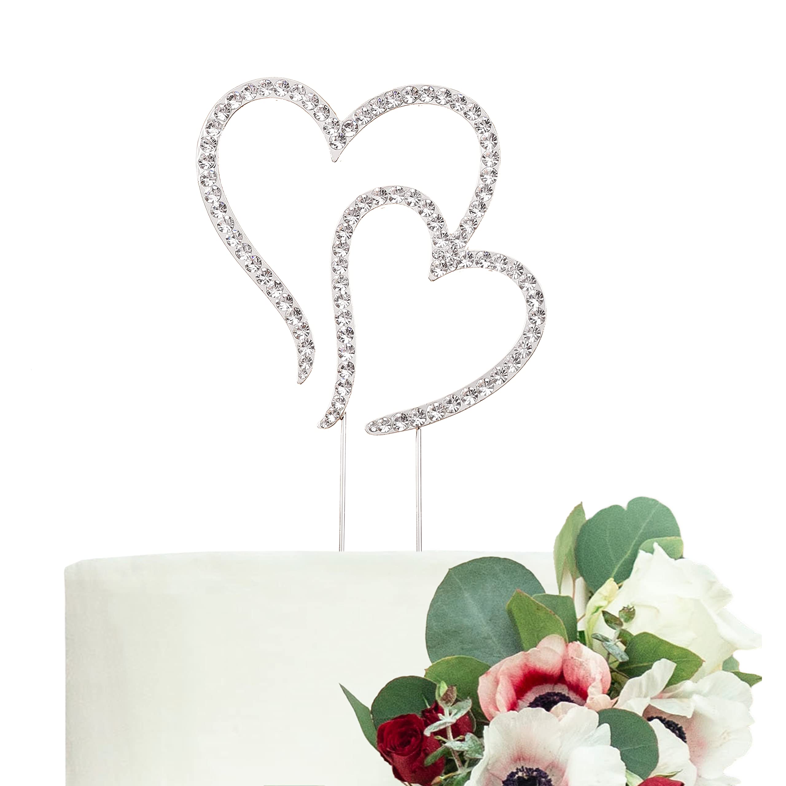 LOVENJOY Double Hearts One Love Wedding Cake Toppers Silver Diamante Heart Cake Decorations, Gift Boxed