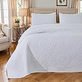 Brandream White Quilts Queen Size Cotton Quilt Set Farmhouse Damask Matelasse Coverlet Set 3-Piece