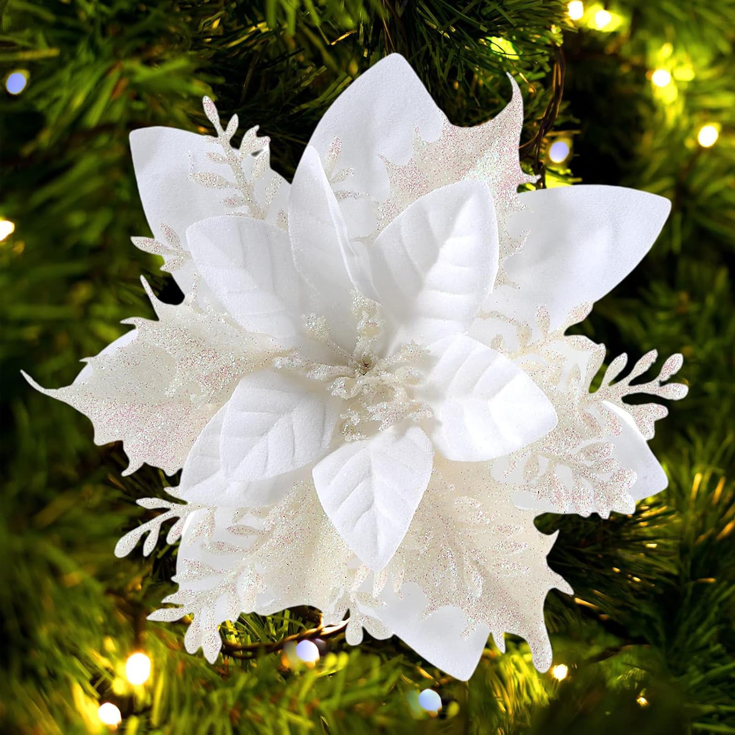 GL-Turelfies 12 Pcs Glitter Christmas Flowers(15cm/5.9’’) with 12 Pcs Clips Artificial Poinsettia Flowers Christmas Tree Flower Decorations Xmas Tree Ornaments (White)