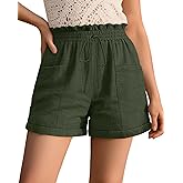 Velvelhall Women's Linen Shorts, Casual Ruffle High Waisted Drawstring Wide Rolled Leg Summer Lounge Shorts with Pockets