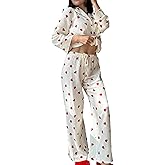 ROAONOCOMO Women Valentine’s Day Pajama Set Love Heart Long Sleeve Shirt Pants Silk Satin 2 Piece Pj Set Holiday Sleepwear